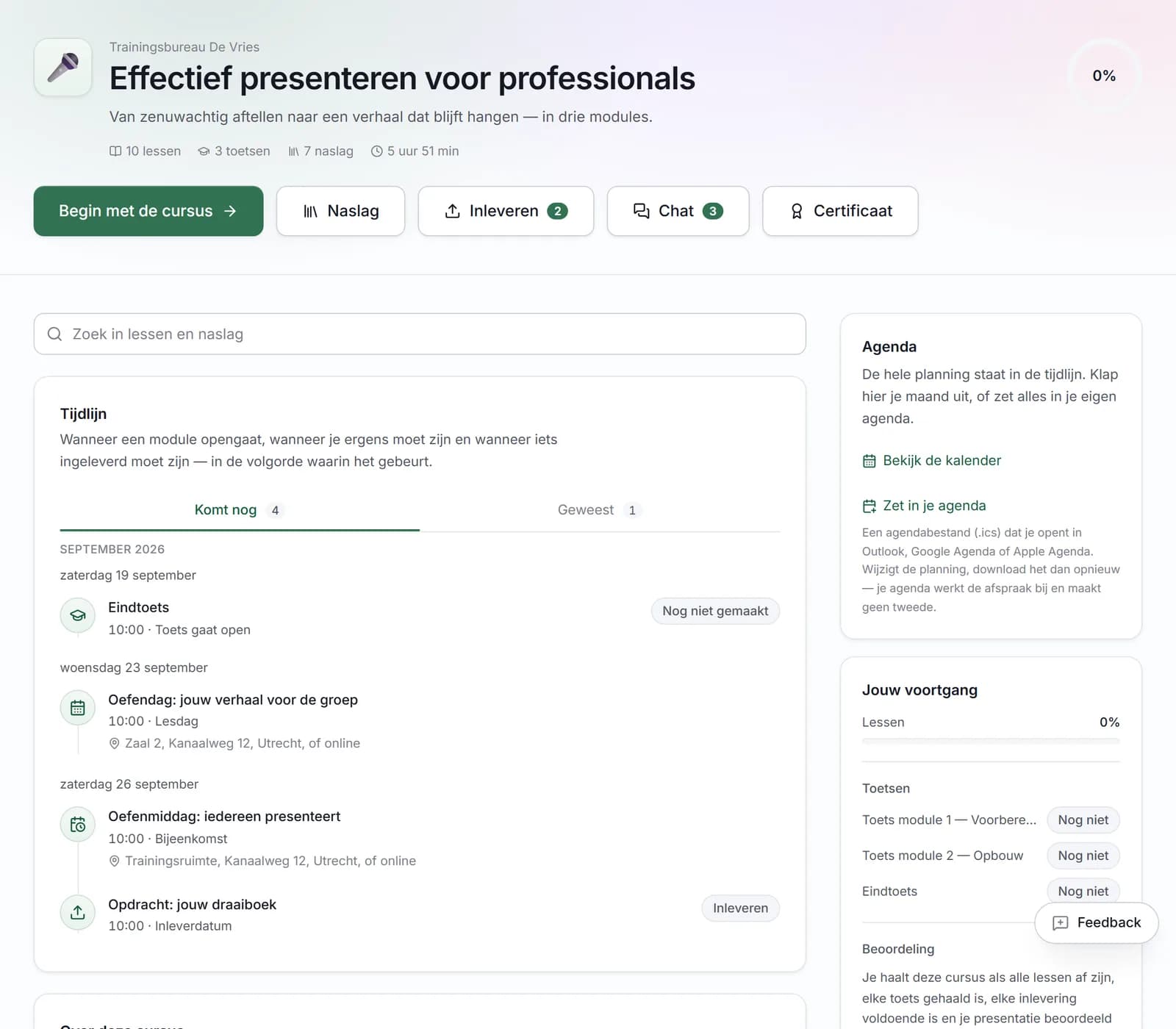 De cursusomgeving van een cursist met een voortgangsbalk, de modules met afgeronde en openstaande lessen, en de toetsen die erbij horen.